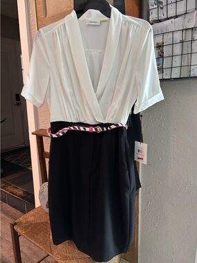 NWT Calvin Klein White and Black Faux-Wrap Dress with faux zebra print belt